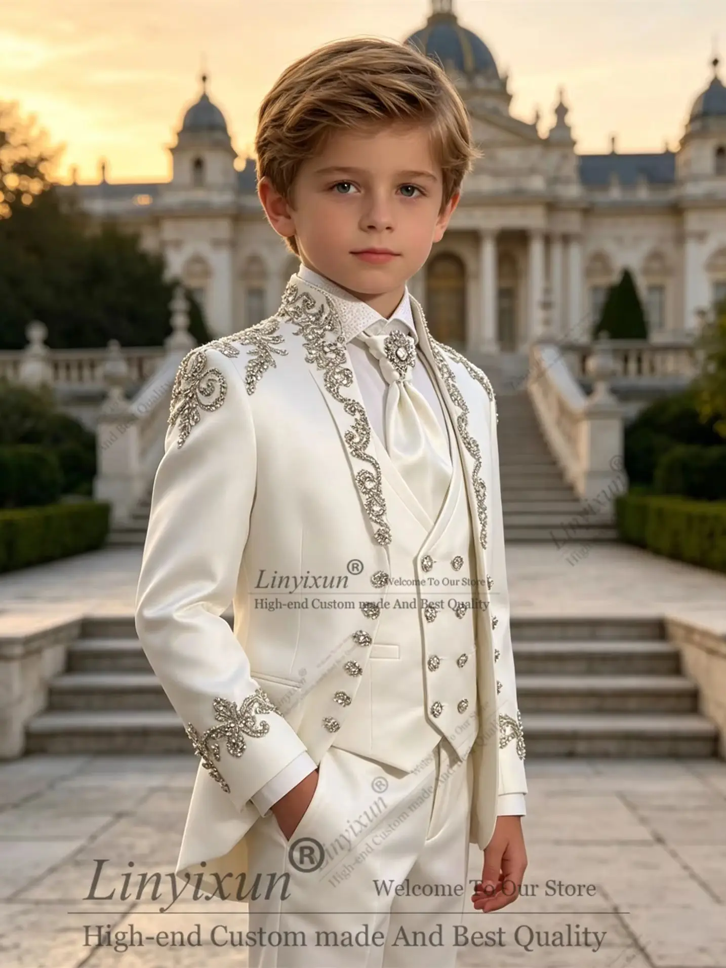 Shiny Rhinestones Beading Suits Attire For Boy Single Breasted Children Tuxedos Customized 3 Piece Kids Birthday Outfit