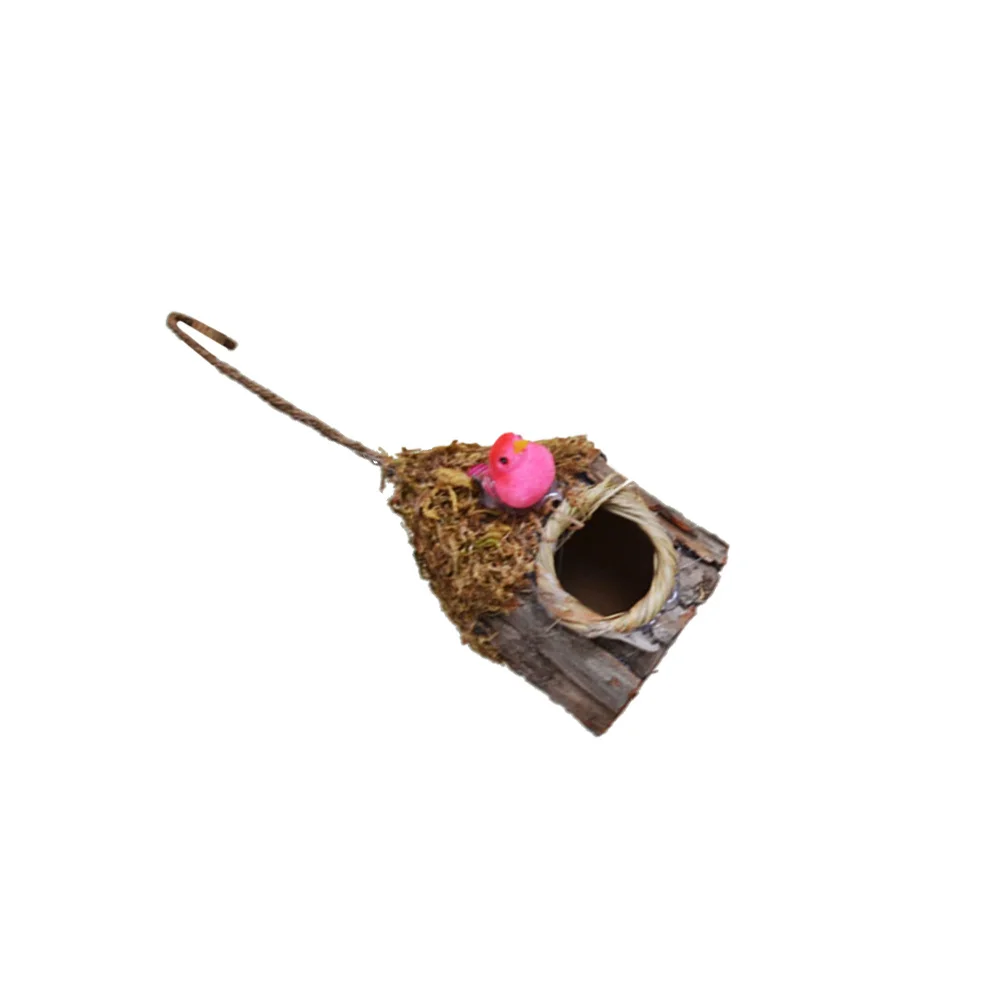 

Simulated Bark Awning Bird Nest with Hanging Random Color Birds Indoor Outdoor Garden Decoration Handmade Imitation Bird Nest