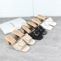 Shoes Slippers 2024 Summer New PU Crystal Buckle High Heels Square Heels Casual Outside Women's Sandals 5.5CM