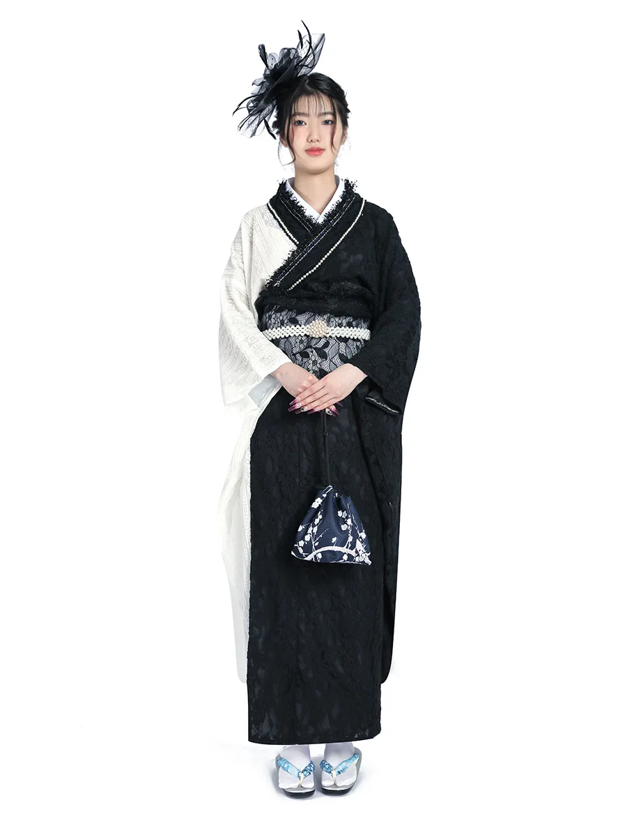 Japanese kimono women lace long sleeve black and white color graduation season kimono dress and formal wear