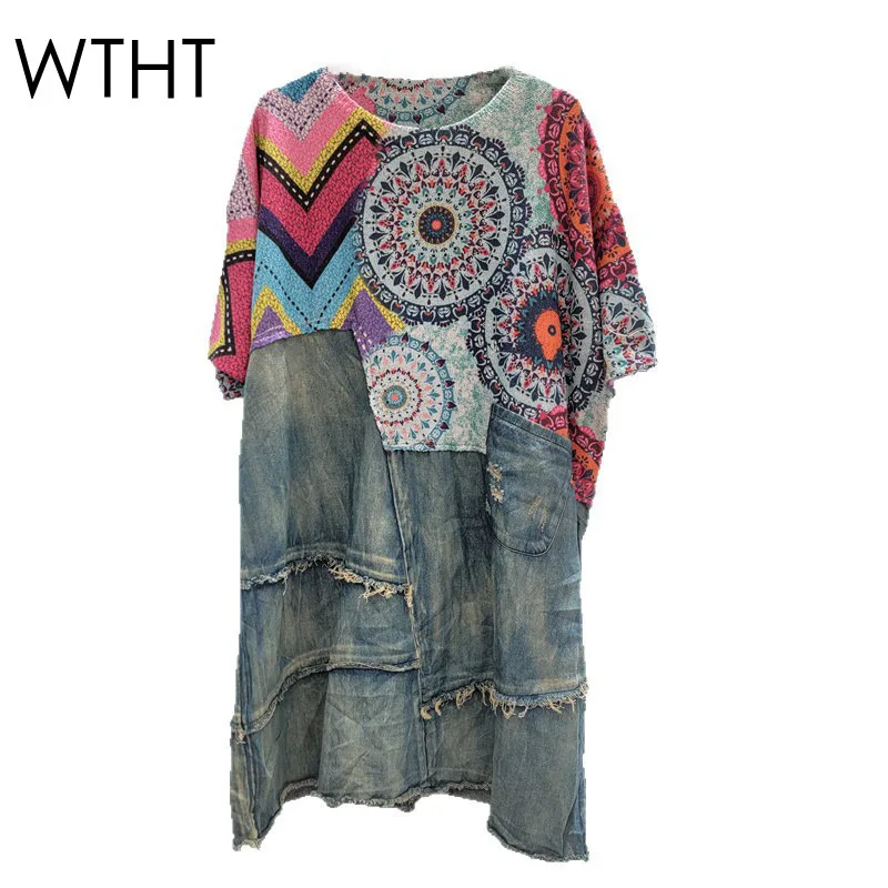 

WTHT New Fashion Women's Spliced Knit Colorful Print Denim Dress 2025 Summer Trendy O-neck Short Sleeves Dresses Female 1LS2039