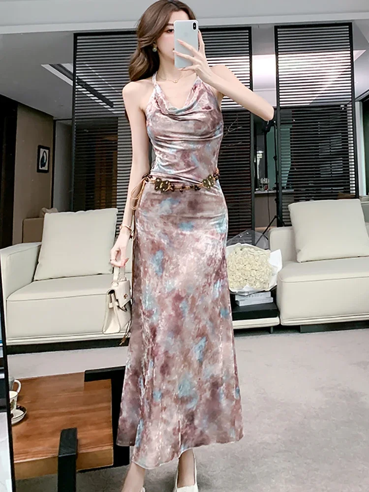 2024 vestido largo Sexy de terciopelo Floral montado en el cuello para mujer elegante vestido ceñido al cuerpo Otoño Invierno Corea Vintage Vestidos de lujo