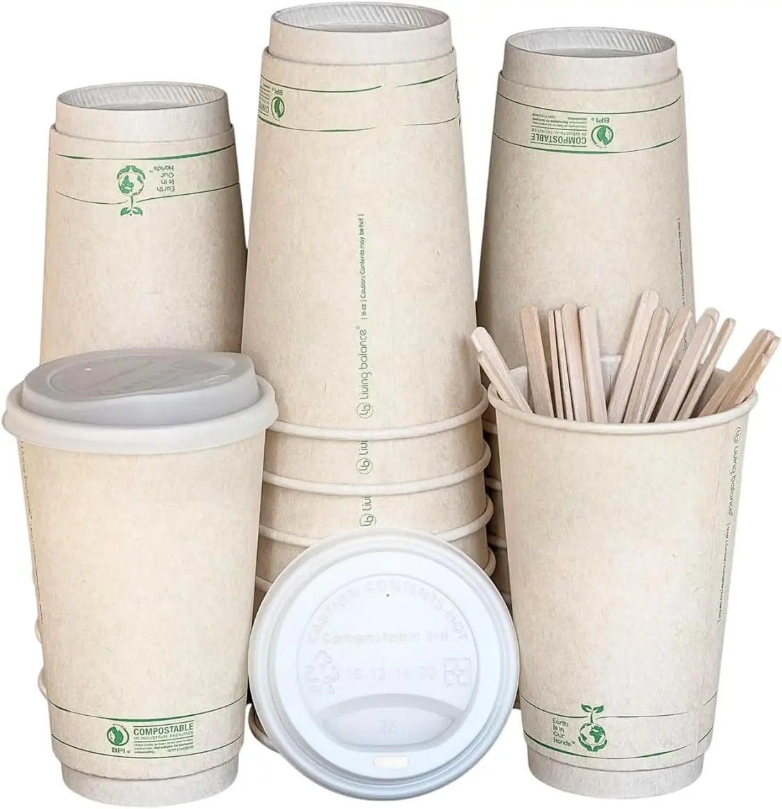 

Living Balance Certified Compostable Coffee Cups with Lids 16 oz – 75 Pack with Stirrers & Integrated Sleeves|Sturdy Do