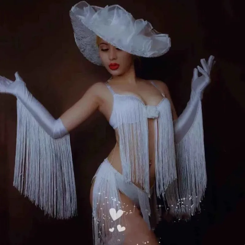 

Женский сценический костюм для выступлений на барной стойке, сексуальная одежда для ночного клуба, красное бикини с бахромой, комплект с большим шляпой, для моделей, подиума, диджеев, шоу, сценический костюм