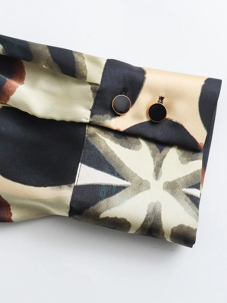 Robes courtes pour femme 2024 mode vintage imprimé géométrique robe en satin col à revers à manches longues bureau robe chemise élégante