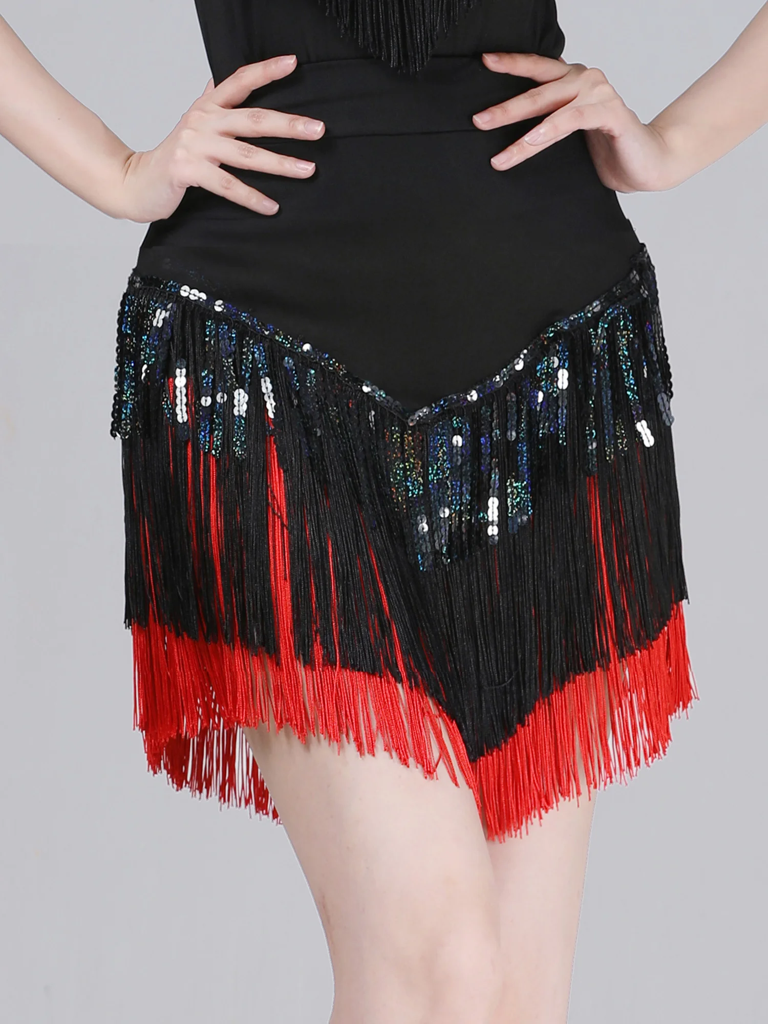 

Women Latin Dance Performance Skirt 3-layer Tiered Tassel Contrast Color Short Skirt High Waist Skirt for Stage Salsa Practicing