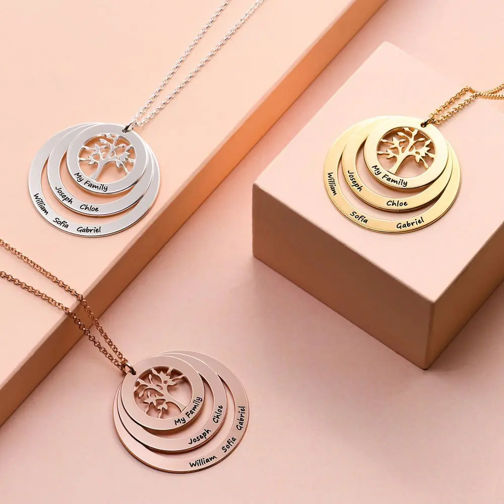 

Custom Family Necklace Tree of Life Engraved Pendant Charm Necklace Personalized Stainless Steel Name Necklace Gift for Students