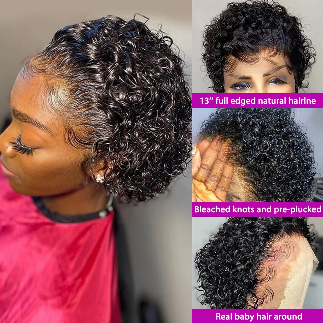 Pixie Curls 100 % Echthaar, Pixie-Schnitt-Perücke, kurzer Bob, Echthaar, 13 x 4 Spitze-Frontal-Perücken, transparente Spitze, Echthaar-Perücke