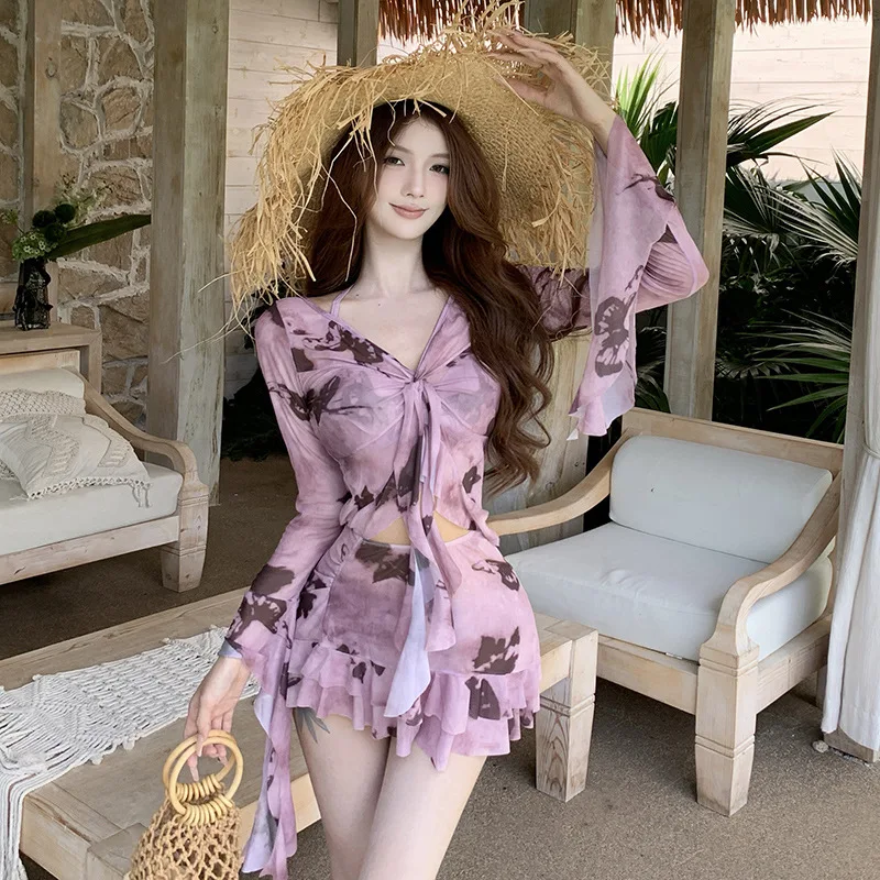 

Женский летний купальник-комбинезон 2026 года, 4 предмета, с принтом фиолетовых бабочек, на бретельках, с юбкой, цельный, с эффектом утягивания живота, для пляжа