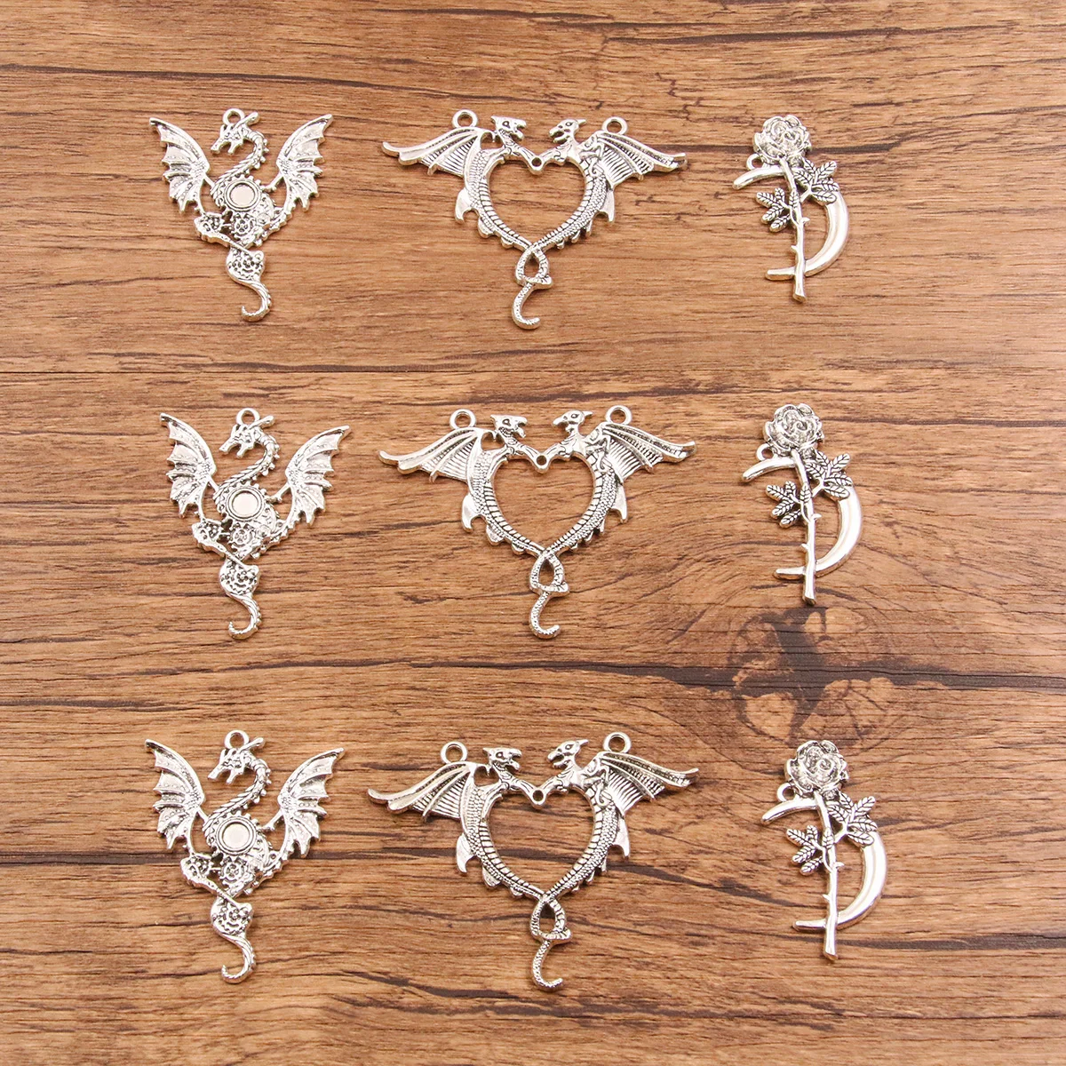 6PCS 3 Style Wholesale Metal Alloy Chinese Loong Charms Valentine's Day Ros Pendant For Jewelry Buckle Making DIY Handmade Craft