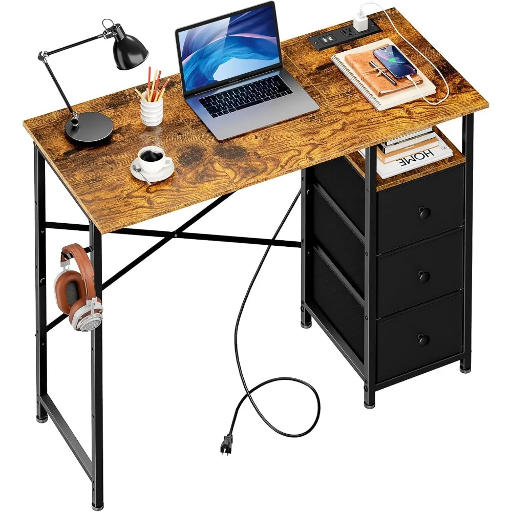

35.4 Inch Small Computer Desk with 3 Fabric Drawers and Power Outlet, Compact Study Desks for Small Spaces, Home Office Desk wit