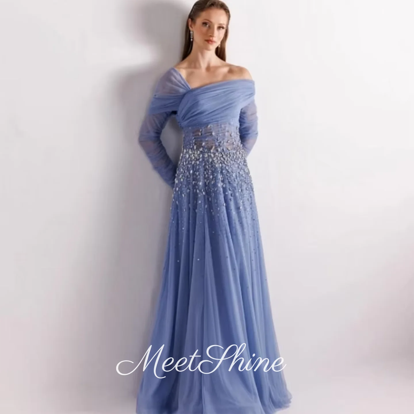 

Вечерние платья с синими кристаллами, тюлевое женское платье для выпускного вечера с длинными рукавами, элегантное платье на одно плечо для торжественных случаев, 2025 по индивидуальному заказу