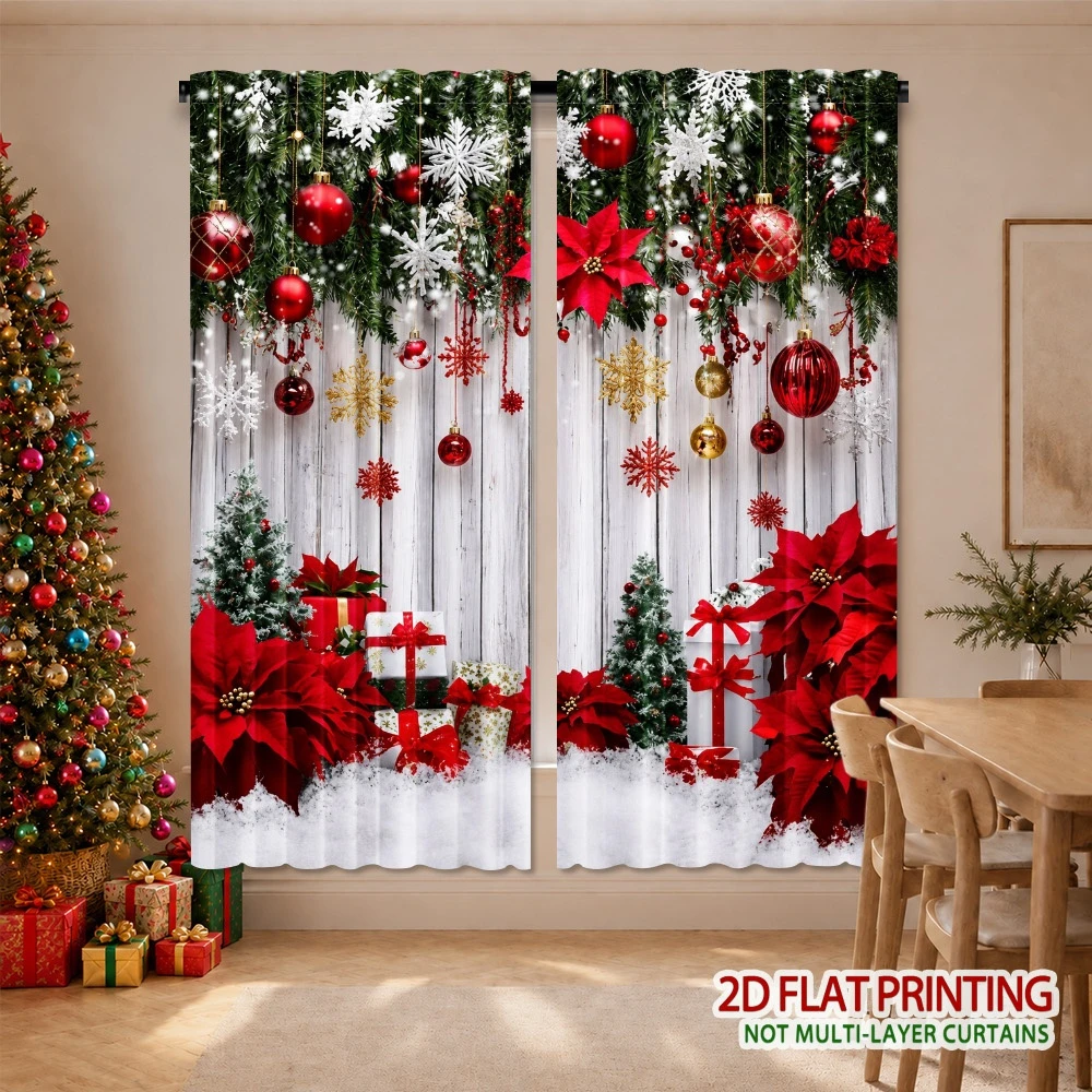 Christmas Pine Red Berry Ornament Curtains, Rod Pocket, Polyester, Home Decor, Bedroom Living Room, Woodland Decor, Home Decor