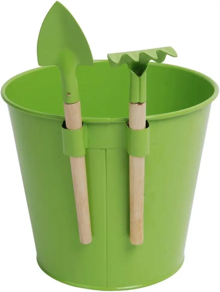 Set of 3 Flower Pot with Mini Tools (Shovel and Rake) for Children, Approx. 16 cm x 17 cm x 18 cm