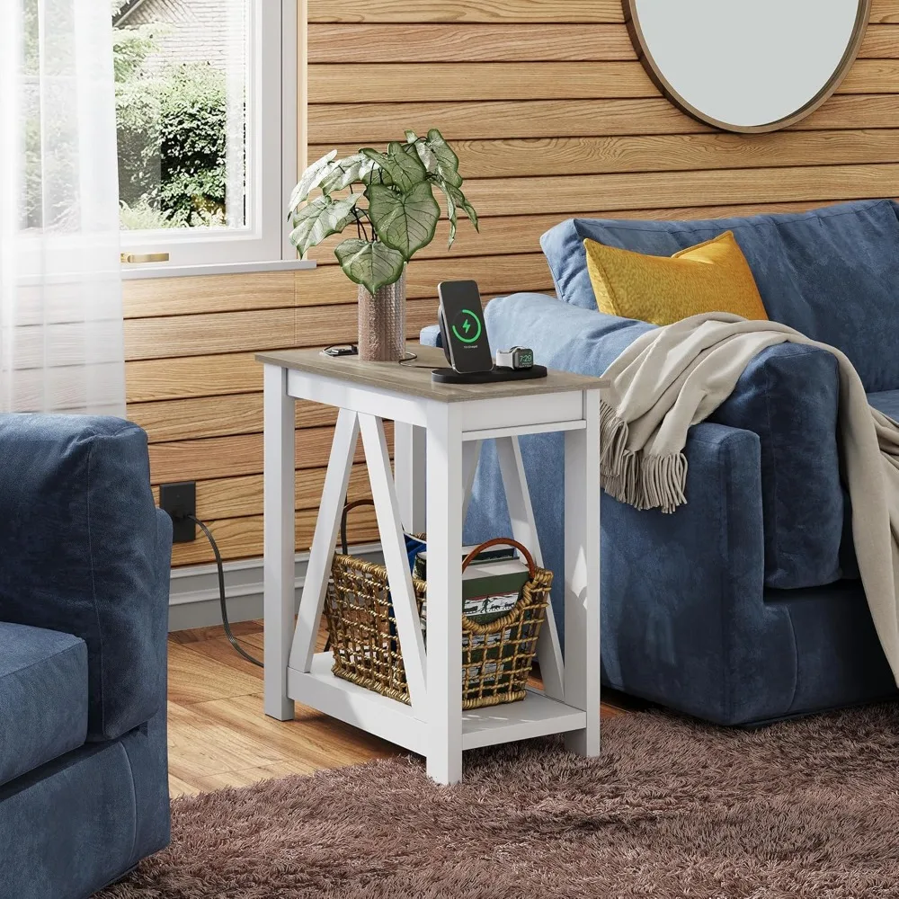 

End Table, Narrow Side Tables with Charging Station, Slim End Tables, Side Table for Bedroom, with 2 USB and 2 Power Outlets