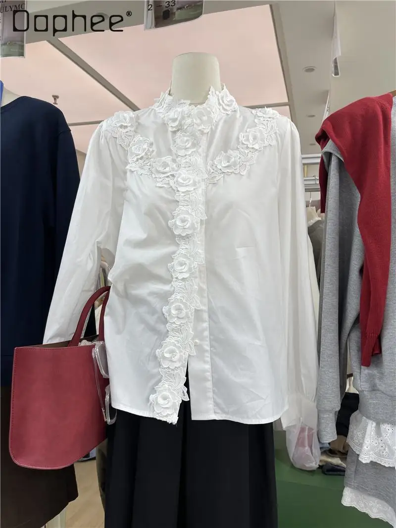 Korean Fashion 3d Flower Stand Collar White Shirts Slim Long Sleeve Blouse Solid Color All Matching Elegant Floral Tops Commute