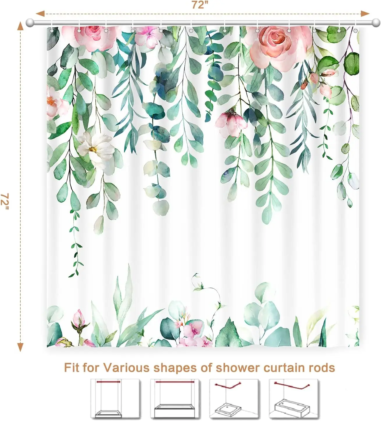 

Watercolor Eucalyptus Shower Curtain, Spring Shower Curtain Green Leaves with Blooming Floral, Polyester Fabric Waterproof Showe