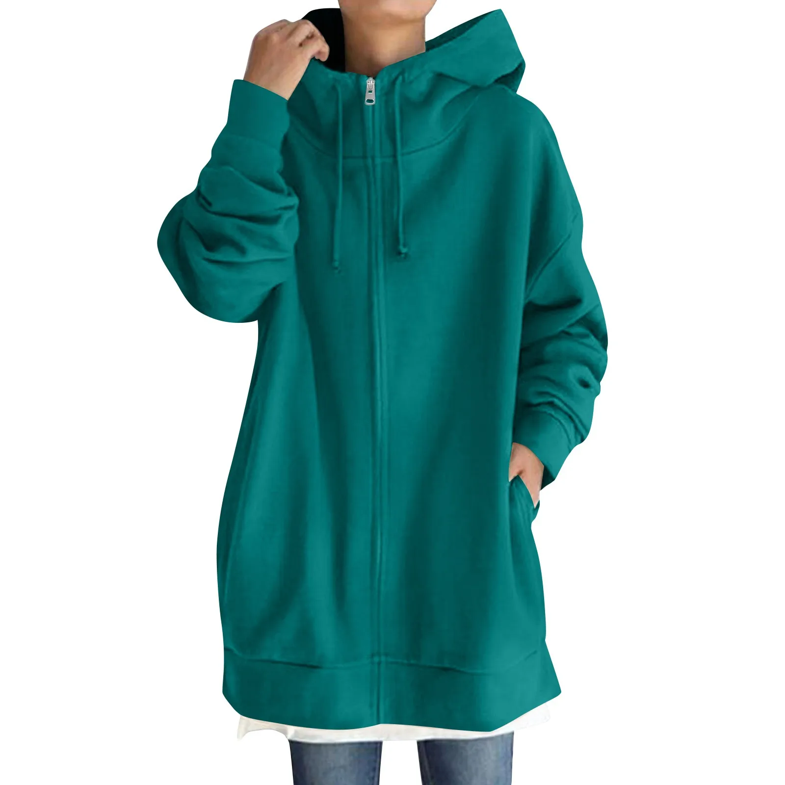 Plus Size Long Hoodies Tunic Fashion Long Sweatshirts Solid Color Fleece Knitted Zip Up Jackets With Pockets For Women