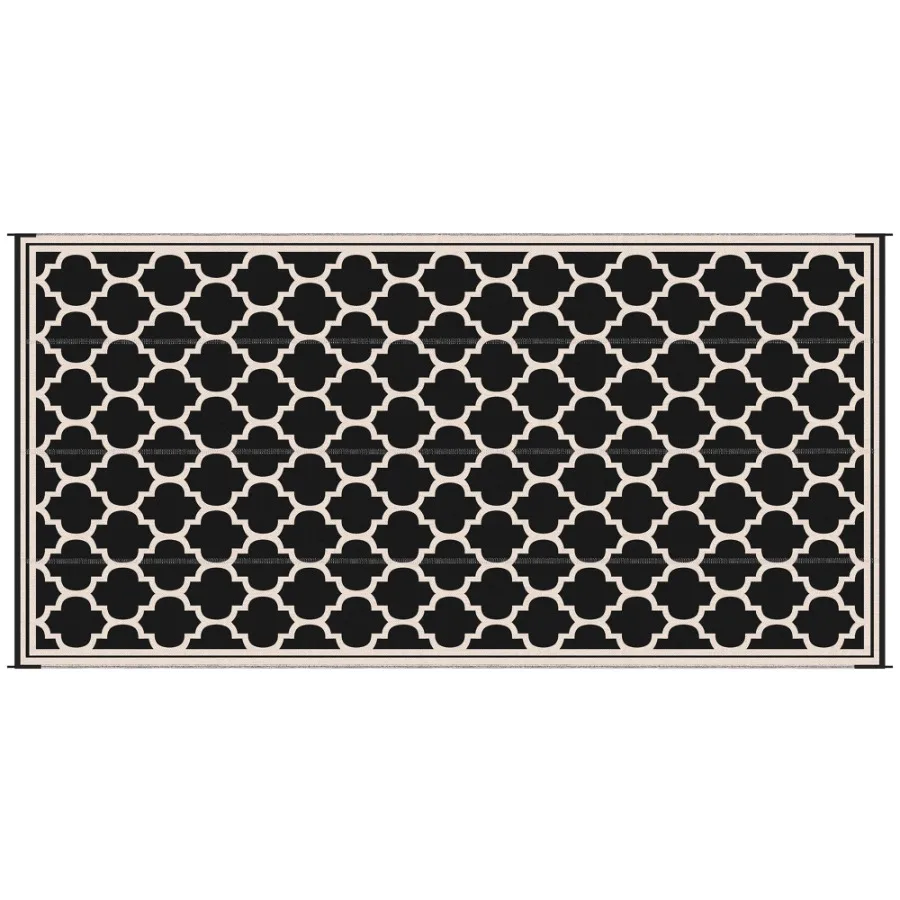 

9x18 Reversible RV Outdoor Rug Black and Beige Plastic Straw Patio Floor Mat for Backyard Deck Picnic Beach Camping