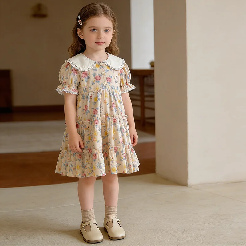 Girls' summer dress with new floral print and doll collar, stylish dress for young girls