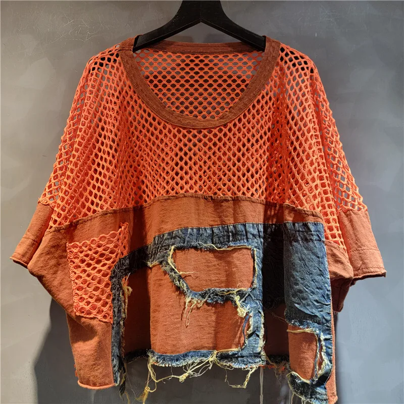 WTHT 새로운 패션 여성 스플 라이스 데님 반팔 티셔츠 탄성 높은 허리 중공 느슨한 바지 여성 1LS1933