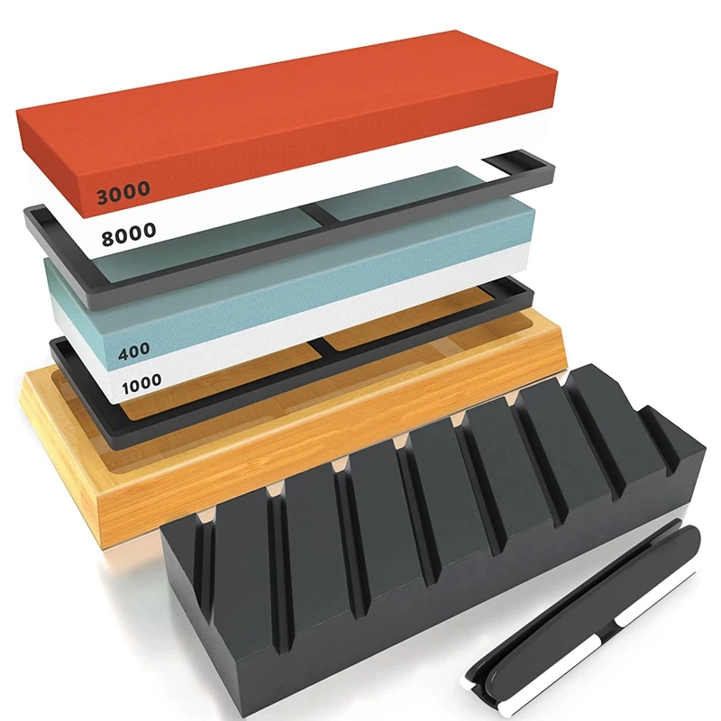 Sharpening Stone Sets - 400/1000 And 3000/8000 Grit Sharpening Stone Sets With Angled Rails And Non-Slip Bamboo Base