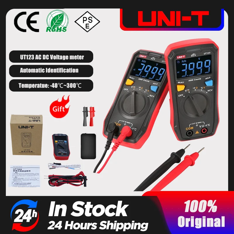 UNI-T UT123 Mini Digital Multimeter;AC DC Voltage meter;Resistance(Ohm) Temperatue tester;NCV/Continuity Test/EBTN Color Screen