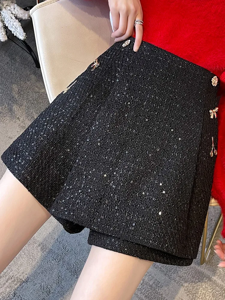 

New Autumn Winter Korean Fashion Celebrity Tweed Sequins Ladies Asymmetrical Woolen Wide Leg Shorts