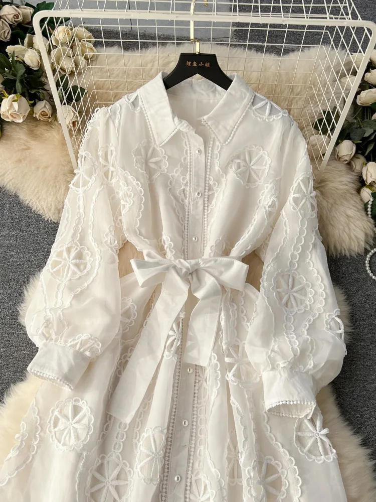 Hikigawa Chic Fashion Women Heavy Embroidery Hollow Design Slim Dresses Vintage Elegant Solid Single Breasted Vestidos Mujer