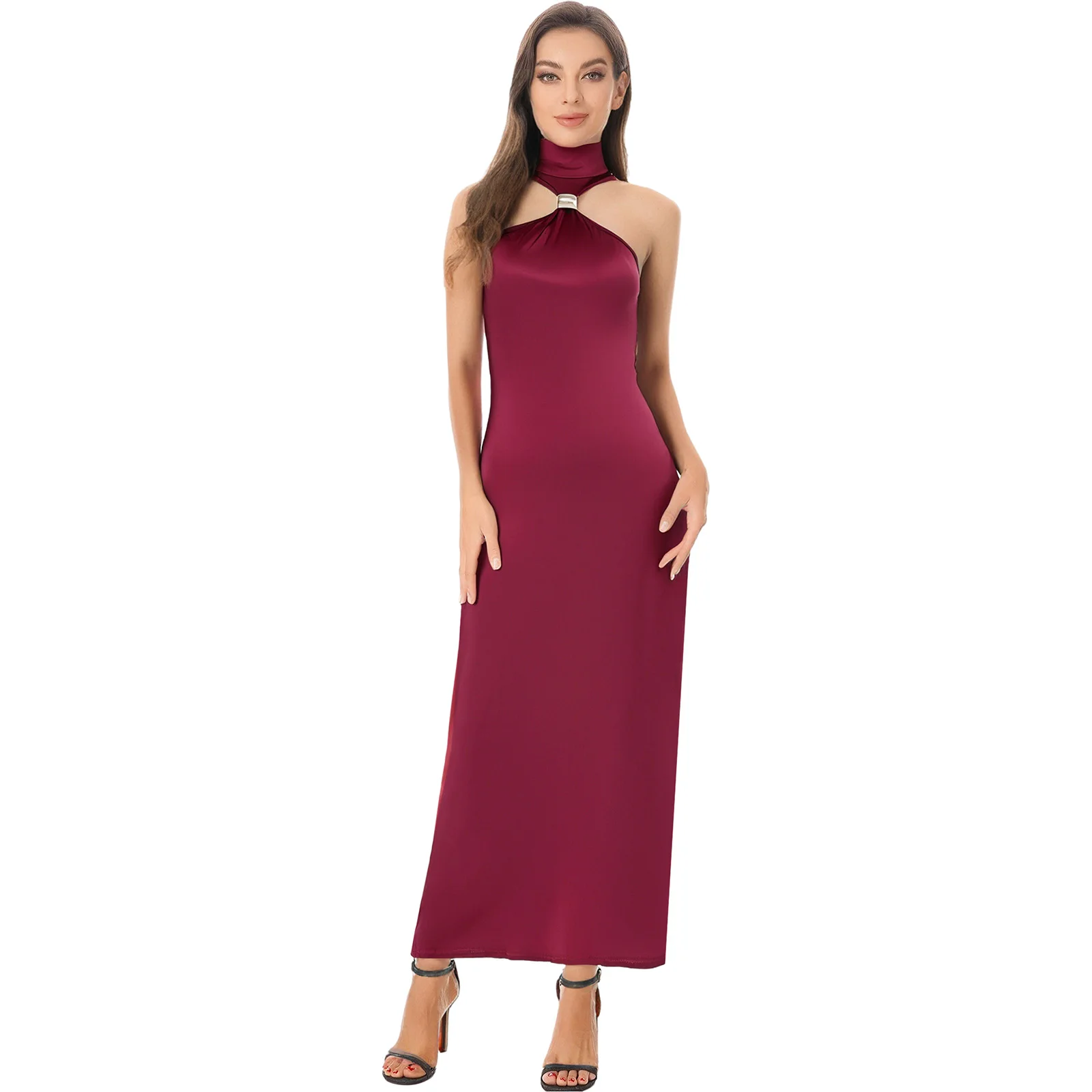 

Women Elegant High-neck Sleeveless Off-shoulder High Waist Full Length Slit Dress for Party Banquet Pageant Lady Goddess Dresses