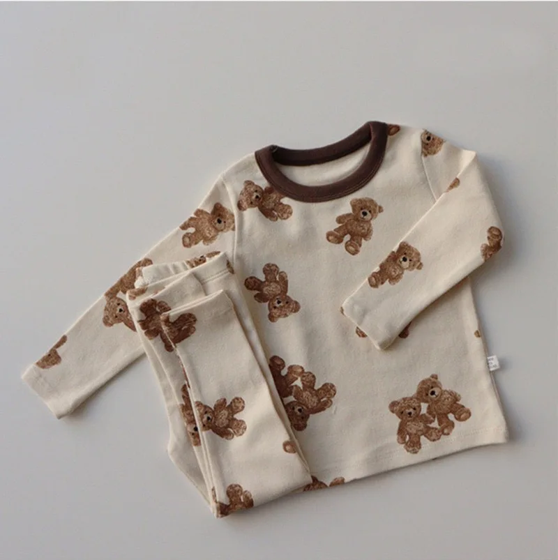 Newborn Infant Cute Bear Print Tracksuit Kids Toddler Boys Girls Suit Baby Clothes 2PCS Kids Pajamas Set Homewear Tops Pants Set