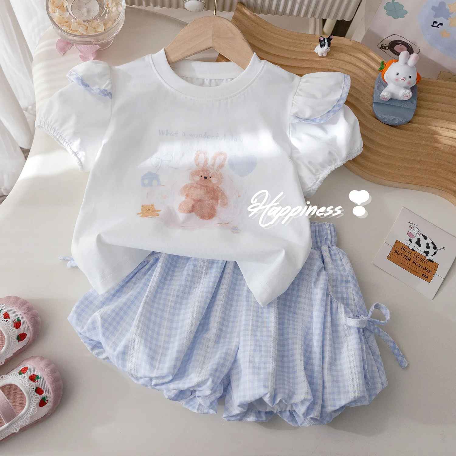 Baby Girls Summer Blue Shorts Sets Cartoon Print Puff Sleeve Pullover White T-shirt+Elastic Waist Loose Plaid Bows Lace Shorts