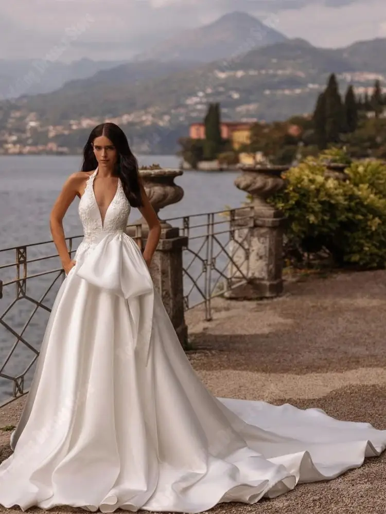 Vestidos De novia lisos con cuello en V para mujer, Vestidos De novia sexys, simples, superficie De satén brillante, esponjoso, línea A, longitud De trapeado, Vestidos De princesa