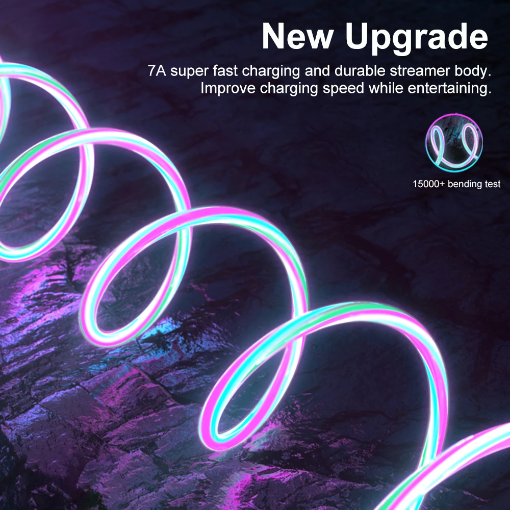 100W Glowing LED Cable 7A Micro USB Type C Data Cable Flowing Streamer USB C Cord Fast Charging for Huawei Xiaomi Samsung