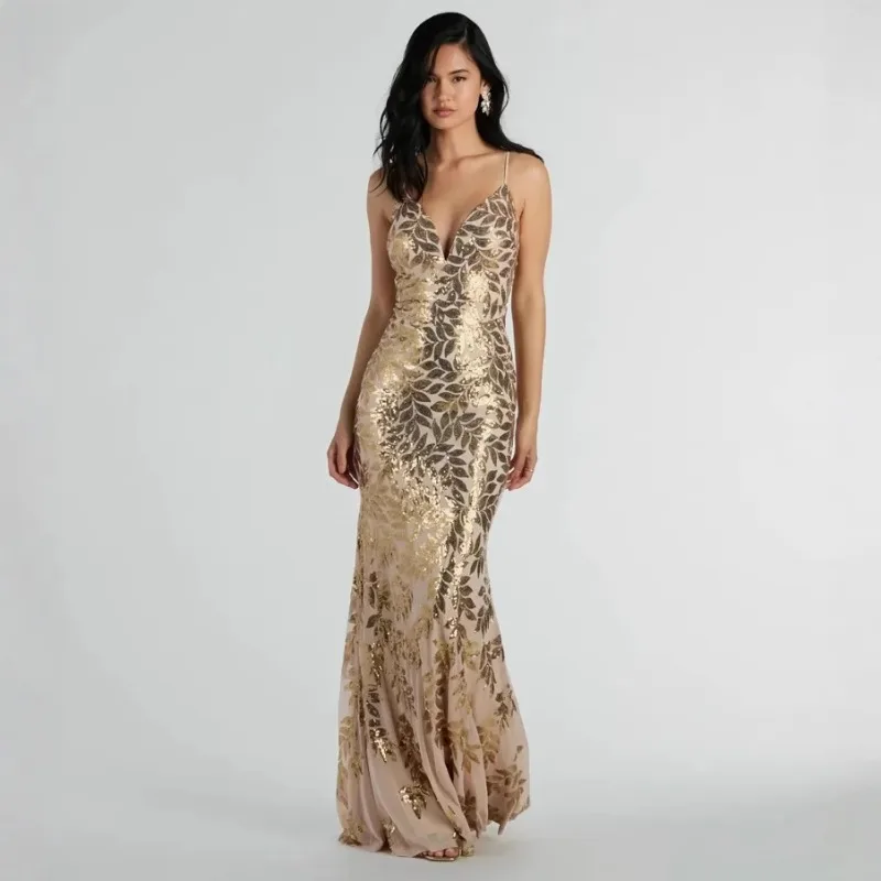 

New Women Long Dress Fashionable Sequins Sexy Suspender Dress