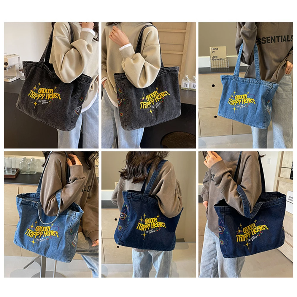 Denim Fashion Handbag Large Capacity Embroidered Travel Shopper Retro Canvas Bag Aesthetic Hobo Bag for Women and Girls