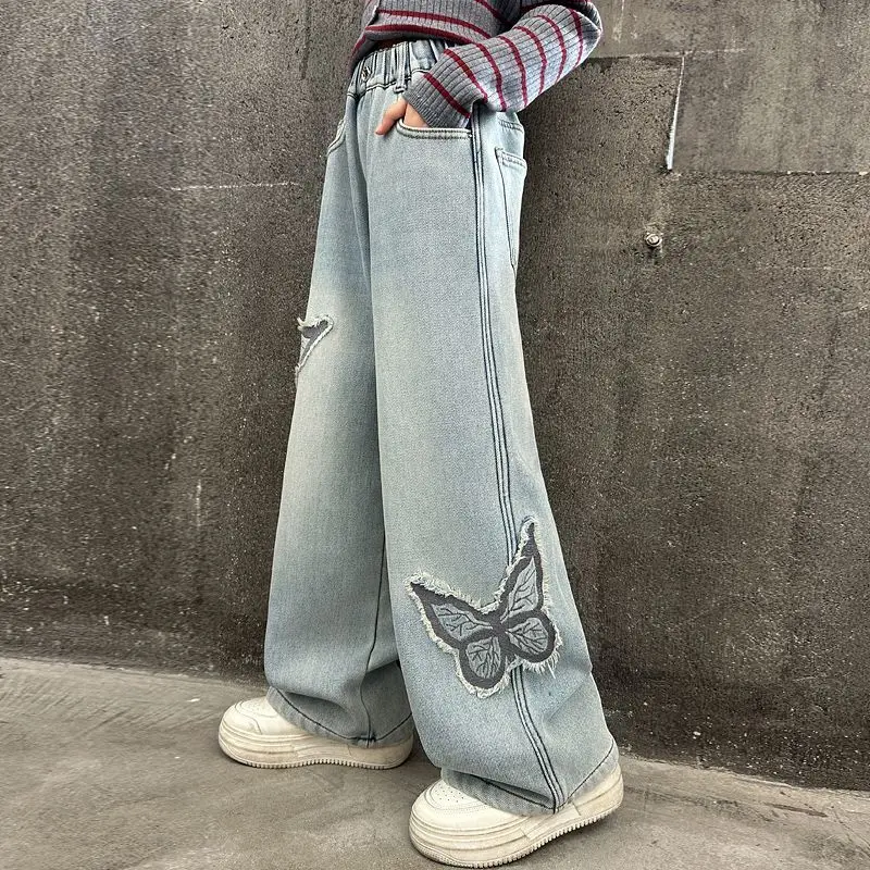 

Girls' Pants 2025 New Style for Spring, Autumn, Winter Loose Jeans Wide Leg Pants, Children's Straight Leg Pants