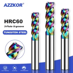 AZZKOR HRC60 3-Flute DLC Colorful Coating U-groove Aluminum Milling Cutter Tungsten Steel Carbide CNC Machinery Endmill Tools