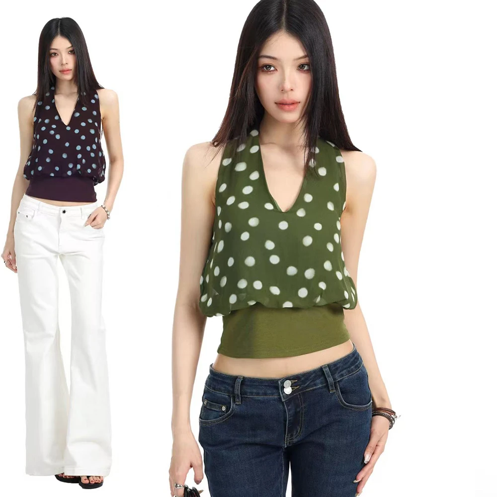 Retro Fashion Polka Dot V-Neck Hanging Neck Vest for Women's Slim Fit Summer New Sleeveless Top Sexy Girl Style 2026 New Item