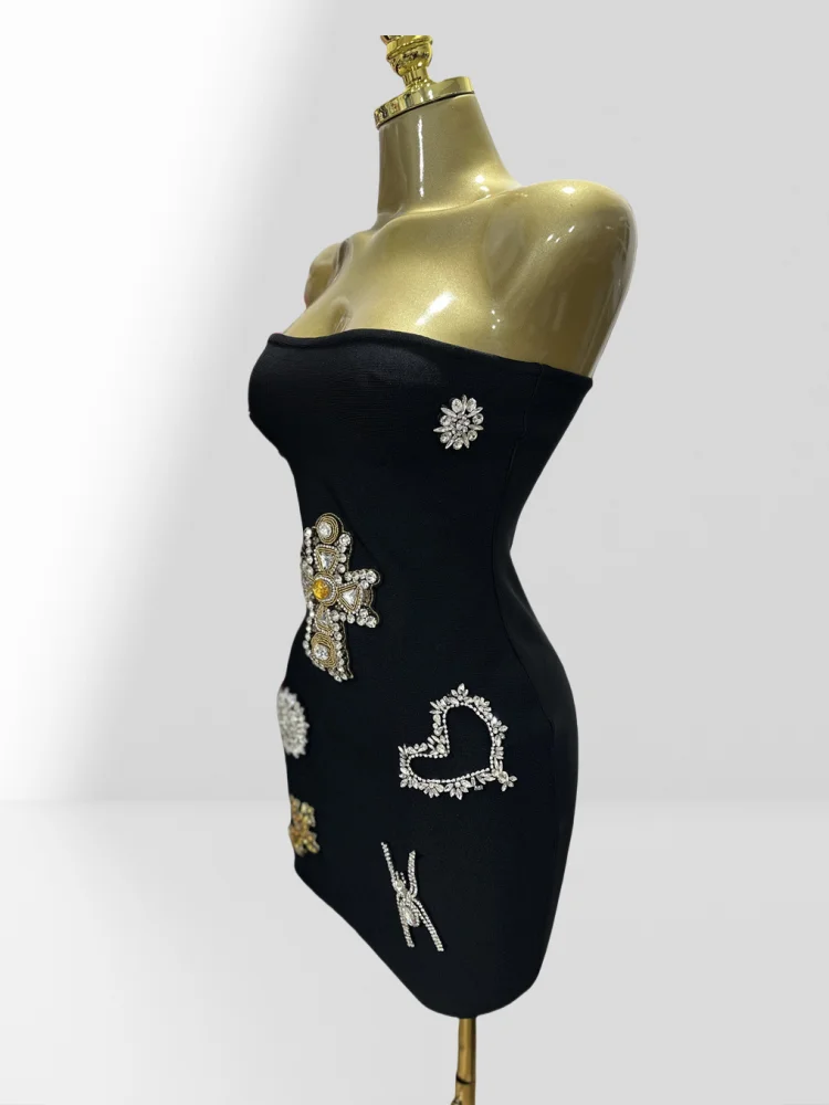 2025 الصيف الفاخرة الماس الصليب حمالة غمد أسود ضمادة فستان قصير موضة امرأة فستان الحفلات مهرجان الموسيقى الزي #3