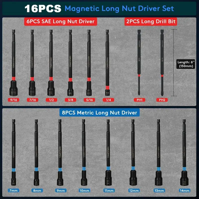 16PCS Magnetic Nut Driver Set, SAE & Metric Nut Driver Set with 6 inch Long Shank Nut Drivers for Impact Drills, 1/4" Hex Shank,