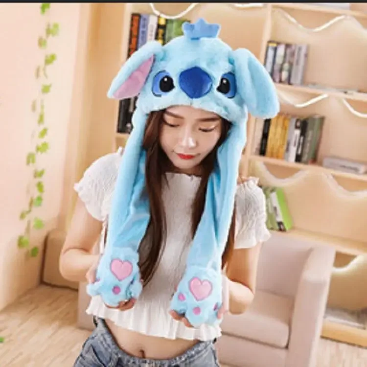 Topi Anime Stitch telinga panjang bercahaya, topi hangat telinga kancing Tekan bergerak lucu bercahaya hadiah ulang tahun anak