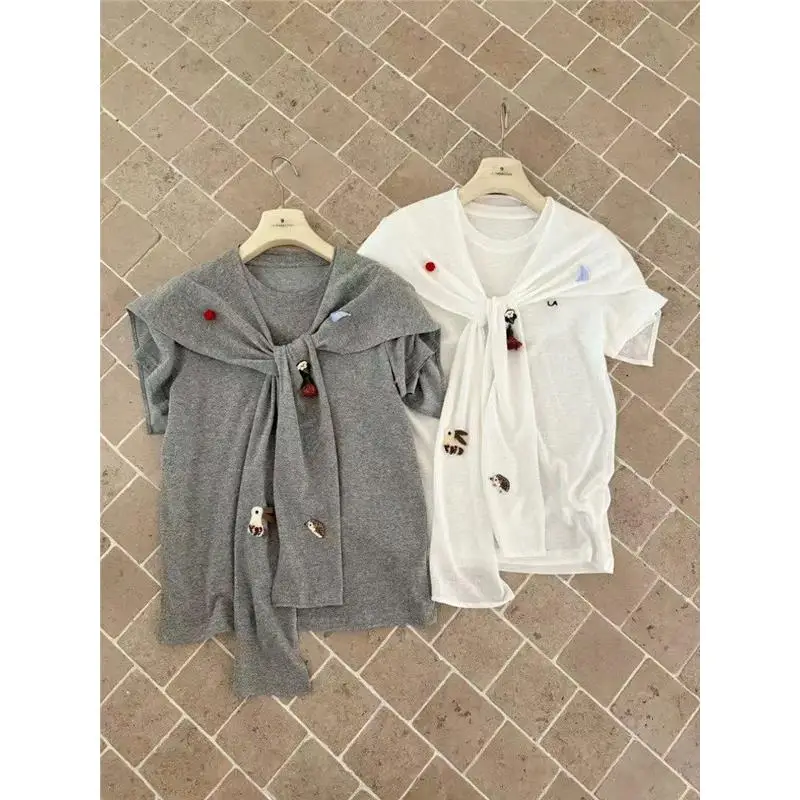 

Футболка оверсайз с вышивкой ручной работы, повседневная, с круглым вырезом и коротким рукавом, в стиле Lazy Fashion, универсальная, из мягкого хлопка