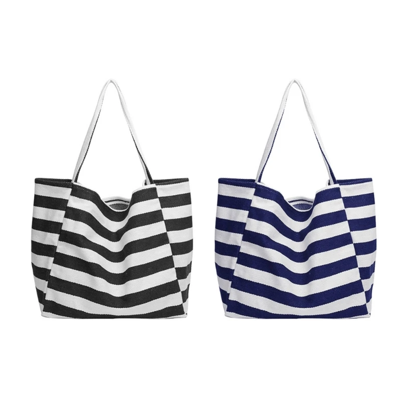 

Striped Canvas Handbags for Women Girls Large Capacity Handbag Shoulder Bag Shopping Tote Bags E74B