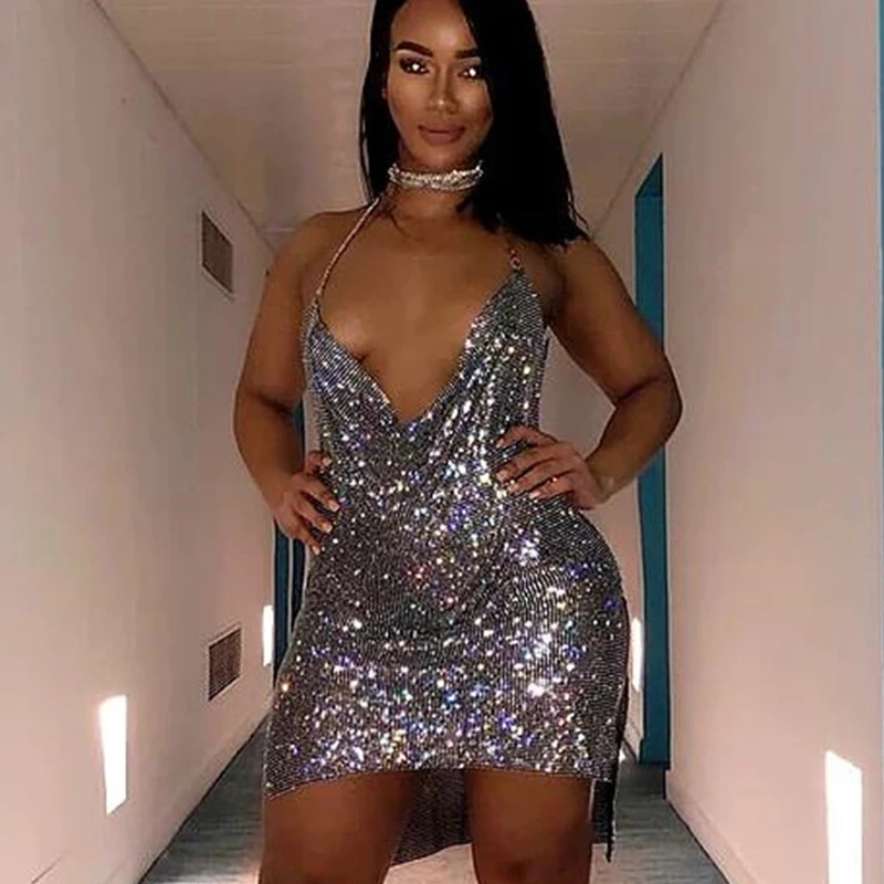 Damen Neckholder-Minikleid mit Strass-Netzstoff, Wasserfallausschnitt, Rückenfreies Bodycon-Kleid mit Schlitz, Kurzes Kleid für Nachtclub und Geburtstagsfeiern – Detail 1