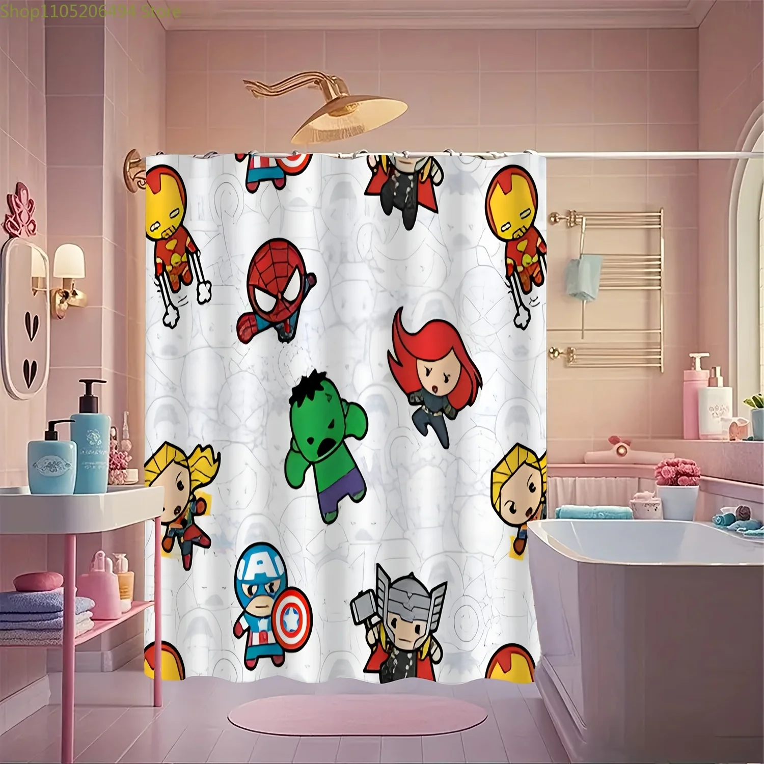 

1 шт. занавеска для душа с изображением супергероев Marvel и крючками - яркий дизайн, всесезонный декор для ванной комнаты, можно стирать в машине, без подкладки, мультяшный дизайн