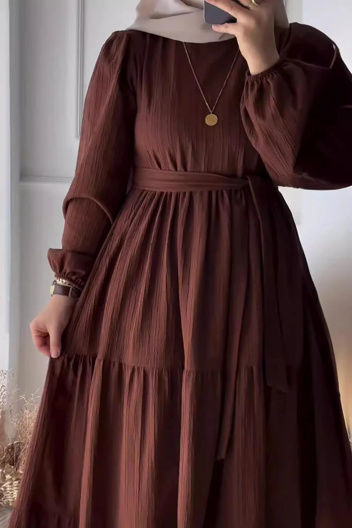 

Muslim Coffee Fashion Solid Lace-up Waist Long Sleeve Maxi Dress for Women 2025