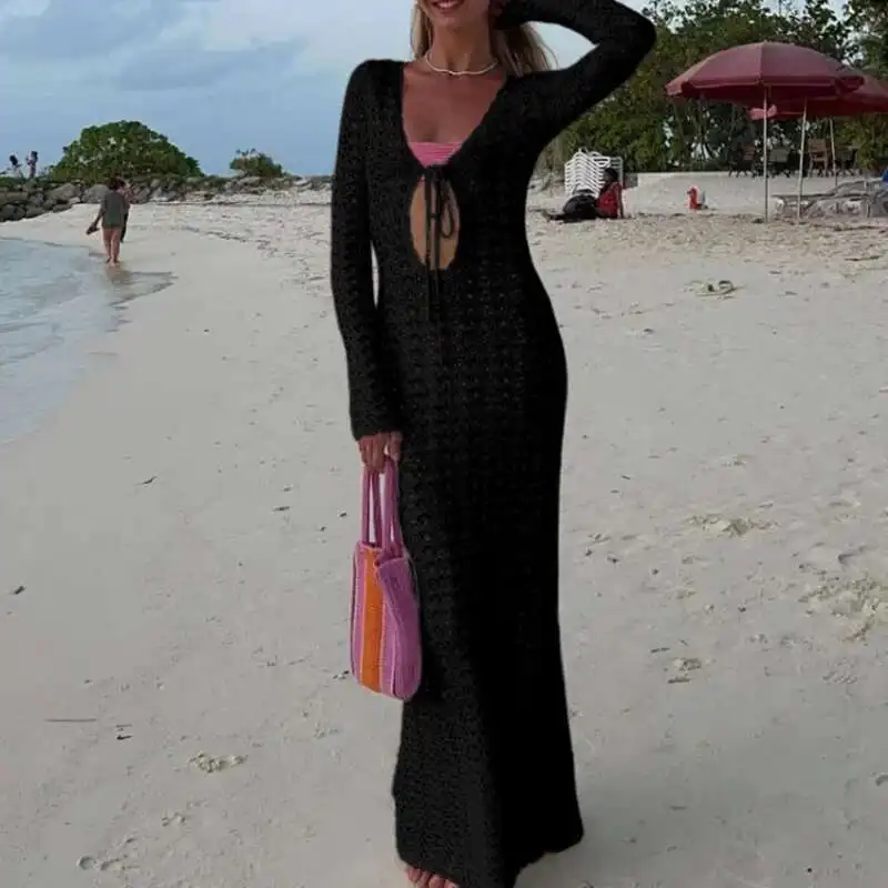 ファッション V ネックレーススリムマキシドレス夏長袖中空ニットビーチドレス無地日焼け止めカバーアップ水着