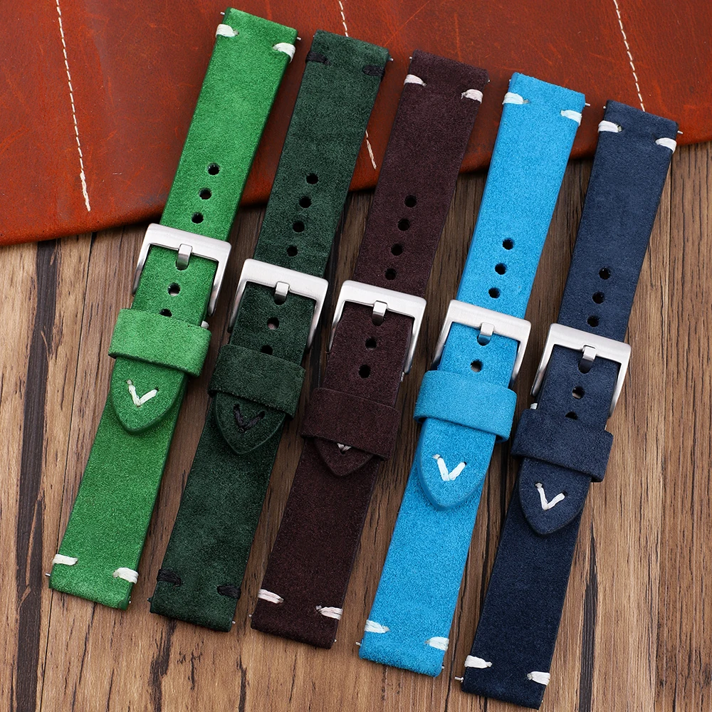 Suede Watch Strap 18mm 20mm 21mm 22mm Quick Release Watchband Handmade Stitching Wristband Vintage Replacement Band Bracelet