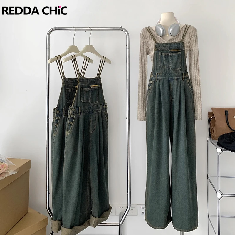 Reddachic Vintage Groene Wash Denim Jumpsuit Vrouwen Pintuck Wijde Pijpen Jeans Overalls Zomer Losse Casual Koreaanse Streetwear